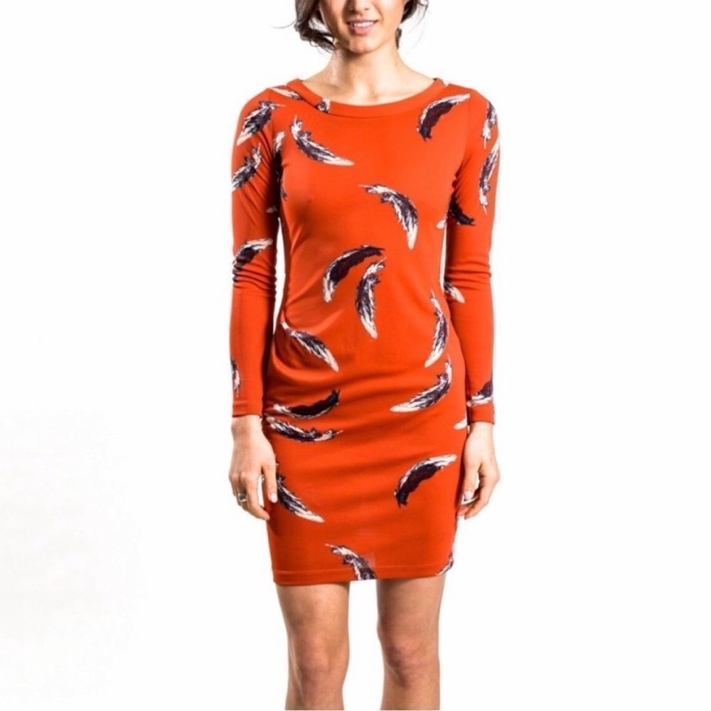 Yoana Baraschi Dreamweaver Orange Long Sleeve Feathers Dress - Picture 1 of 9